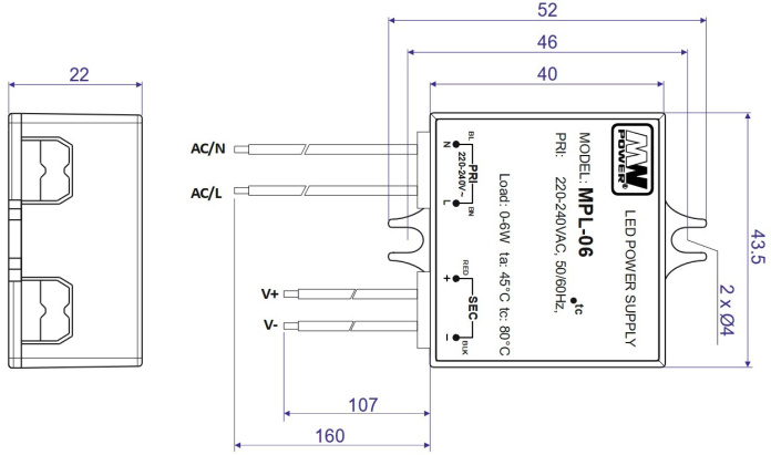 Rysunek techniczny zasilacza LED puszkowego MW Power MPL-06-24